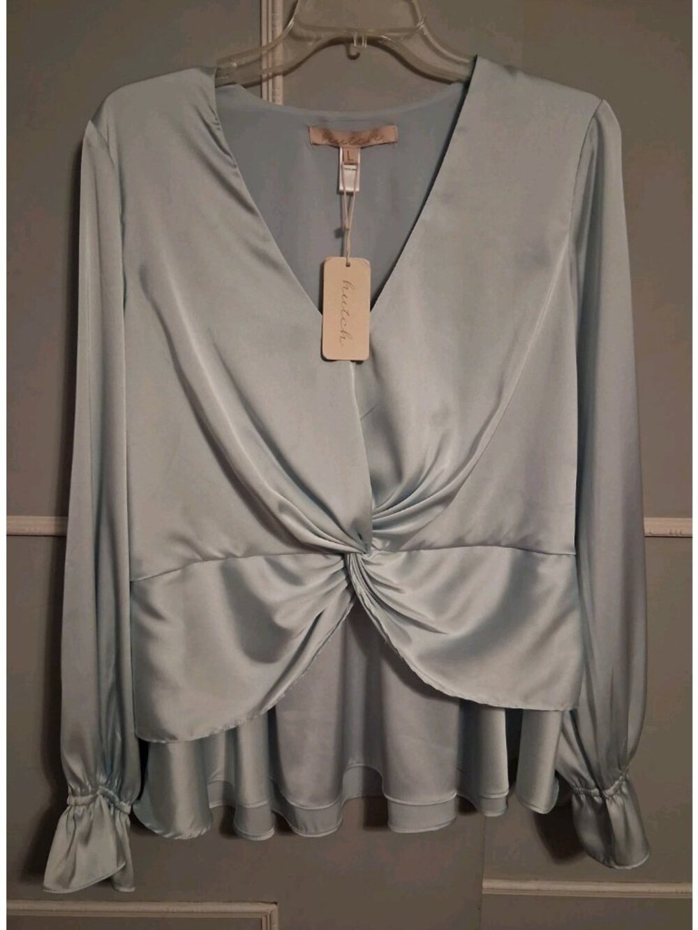 Anthropologie Hutch Blue Silky Satin Blouse L Wrap Front Peplum NWT